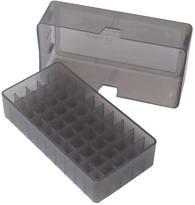 CAJA PARA CARTUCHOS MTM CALIBRE 38 Y 357 MAG 50 PZAS E-50-38-41