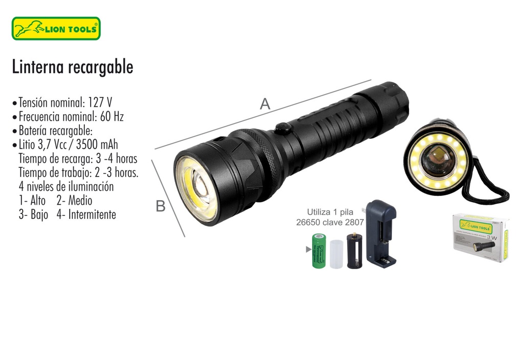 LINTERNA LION TOOLS RECARGABLE ALUMINIO 3W 250 LUMEN 2861
