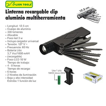 LINTERNA LION TOOLS RECARGABLE ALUMINIO LED 3W MULTIHE 3180